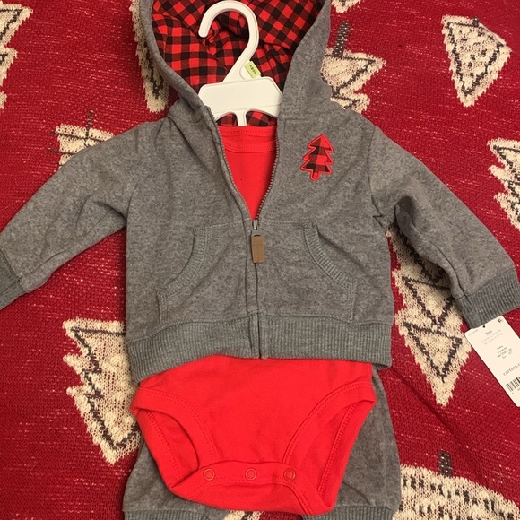 Carters 3 Piece Buffalo Plaid Christmas Bodysuit Fleece Zip Hoodie & Pants NEW - Picture 2 of 7